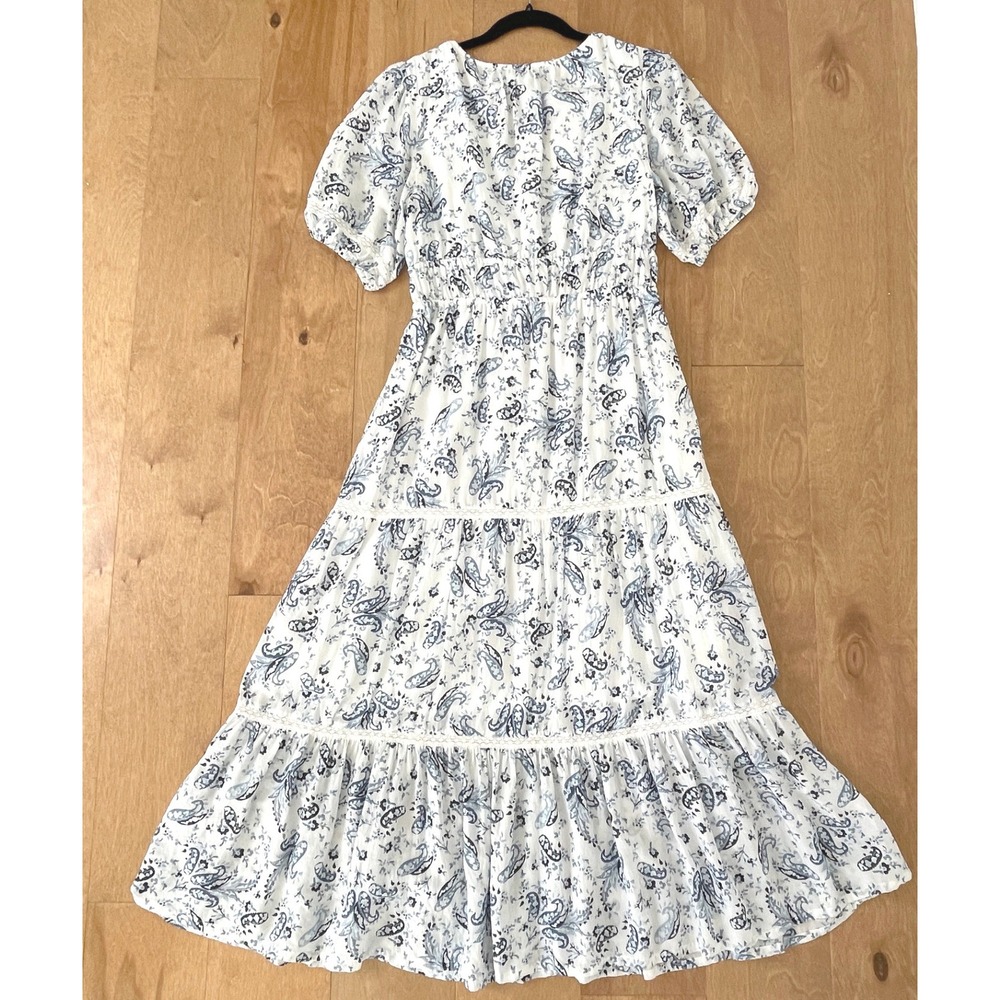 Lucky Brand Blue Paisley Tiered Maxi Dress White Cotton Blend Boho Lace Trim M - Picture 2 of 9